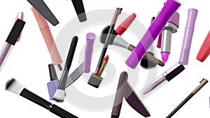 Cosmetic products. Make-up tools set. Makeup accessories fly on white background. Lipstick, mascara, brush, nail Polish