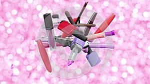 Cosmetic products. Makeup accessories fly out of beauty gift box.