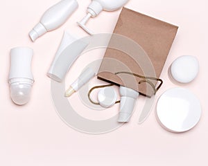 Cosmetic products with paper bag - beauty shopping concept flat