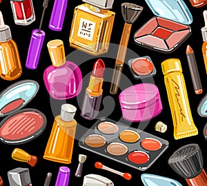 Cosmetic products seamless pattern. Beauty salon, makeup background. Color vector drawing