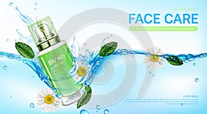 Cosmetic products in water splash with herb