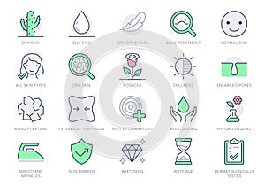 Cosmetic properties line icons. Vector illustration include icon - cream, collagen, anti aging effect, rosacea, wrinkle