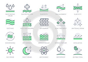 Cosmetic properties line icons. Vector illustration include icon - day cream, moisture, dermatology, soothing, collagen photo