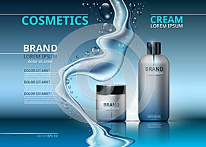 Cosmetic realistic package ads template. Face and body cream hydrating products in blue bottles. Mockup 3D illustration