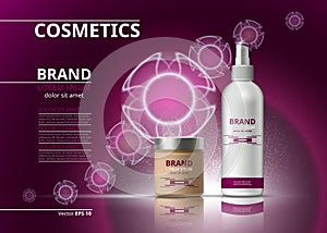 Cosmetic realistic package ads template. Hydrating bb cream and micellar water products bottles. Mockup 3D illustration