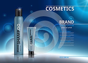 Cosmetic realistic package ads template. Hydrating cream and shampoo products in blue bottles. Mockup 3D illustration