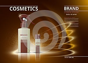 Cosmetic realistic package ads template. Hydrating face cream and body spray products bottles. Mockup 3D illustration