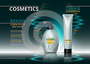 Cosmetic realistic package ads template. Skin care gel, body cream or handcream bottles. Mockup 3D illustration
