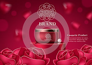 Cosmetic rose moisturizing product vector template design. Cosmetic product moisturizing cream with rose fragrance for skin care.