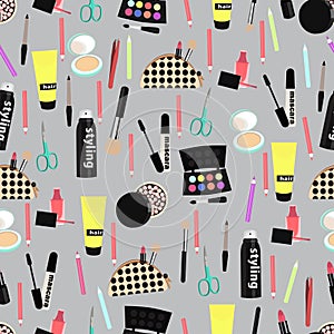 Cosmetic seamless pattern, makeup accessories background. Diverse colorful products on gray . Stylish and fashionable decoration.