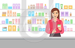 Cosmetic seller offering face cream in beauty shop