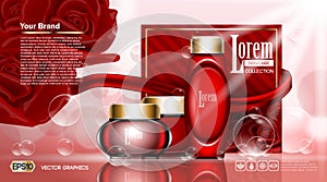 Cosmetic set ads template, moisturizing lotions collection cover mockup. Red rose flowers fragrance. Dazzling effect