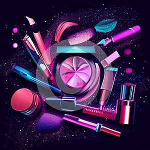 Cosmetic set, makeup products, eyeshadow palette, lipstick, eyeliner, mascara, nail polish. Vector illustration Generative AI