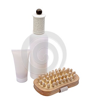 Cosmetic set with wooden massager isolated photo