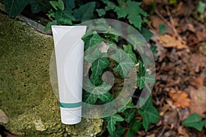Cosmetic skin care product (body lotion, hair shampoo, face creme) on the stone and leaves background