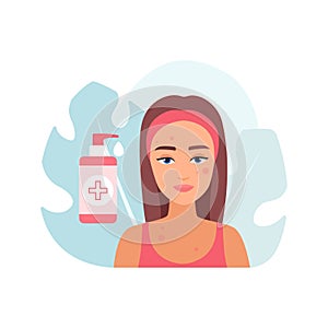 Cosmetic skincare and cleansing for skin with acne, young woman with pimply face and bottle of gel photo