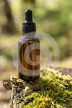 Cosmetic skincare routine pipette bottle with Retinol, Hyaluronan, Antioxidant treatment Serum on tree trunk with a moss on forest