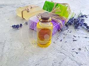 Cosmetic soap lavender flower  relaxation  on concrete background