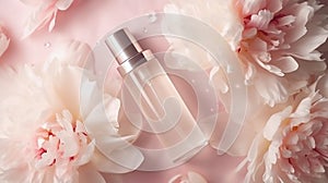 Cosmetic spa skincare, glass serum bottle on blush pink peonies flowers background.. Advertising of product for anti-aging care,