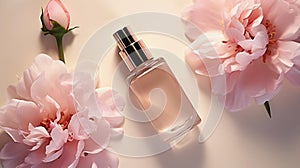 Cosmetic spa skincare, glass serum bottle on blush pink peonies flowers background.. Advertising of product for anti-aging care,