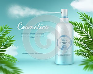 Cosmetic spray banner. Natural skincare product poster with tropical palm leaves and sky clouds. Realistic 3d sprayer