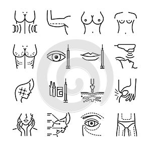 Cosmetic surgery line icon set. Included the icons as liposuction, beauty, marking, skin, Jet Peel and more.