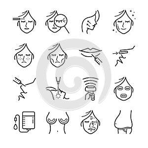 Cosmetic surgery line icon set. Included the icons as wrinkle, aging, botox, belly, Cellulite and more.