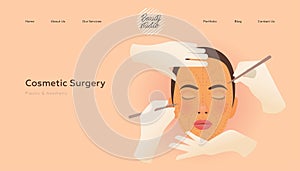 Cosmetic Surgery. Surgical Cosmetic Procedure. Female Face with Dotted Lines, Hands Wearing Surgical Gloves.