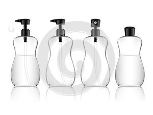 Cosmetic transparent plastic bottle with spray, dispenser pump. Liquid container for gel, lotion, cream, shampoo, bath foam.