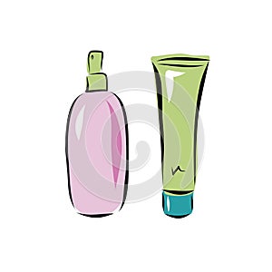 Cosmetic tube bottle container for gel lotion cream,spray. Beauty product package, vector illustration. Hand drawn graphic