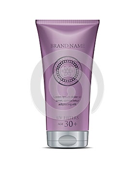 Cosmetic tube cream mockup in purple. White Plastic Tube Packaging. Isolated