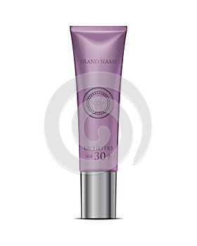 Cosmetic tube cream mockup in purple. White Plastic Tube Packaging. Realistic lipstick. Isolated