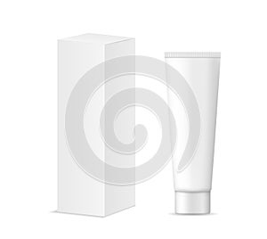 Cosmetic tube with white cardboard box package. Mockup of tube with cream, lotion, toothpaste, balm and ointment. Template of