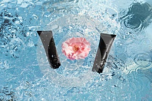 Cosmetic tubes of black color in splashes and drops of water on a blue water surface and a beautiful rose flower. skin hydration