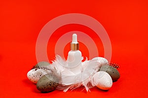 Cosmetic white bottle with essential oil or serum in the nest with easter eggs, bright red backgrund