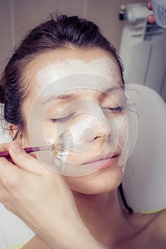 Cosmetician applying facial mask at young woman in spa salon