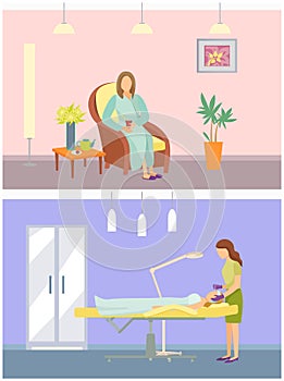 Cosmetician and Calm Woman Sitting in Chair Vector