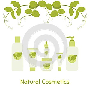 Natural cosmetic bottles: flat icon set.