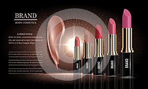 Cosmetics ad set of female lipstick cream packaging different various of colors and liquid smear for makeup, template, vector.