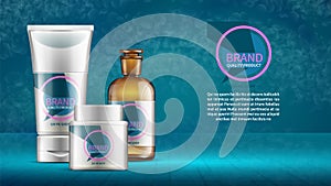 Cosmetics background. Beauty cosmetic vector background with product bottles tubes. Reallistic packaging mockups