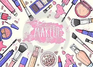 Cosmetics background with hand drawn lipstick, eyeshadow, lip gloss, powder, brush, cream, foundation, mascara, nail polish, gel