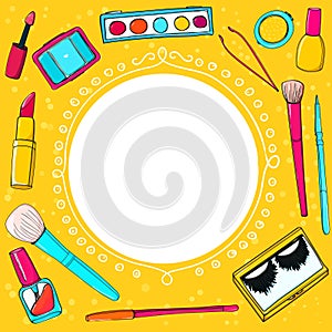 Cosmetics background with make up tools