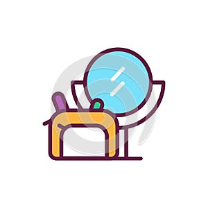 Cosmetics bag and mirror color line icon. Beauty industry. Professional facial make up. Isolated vector element. Outline pictogram