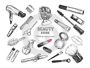 Cosmetics and beauty background with make up artist and hairdressing objects: lipstick, cream, brush. With place for your text .Te