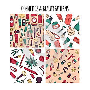 Cosmetics and beauty patterns. Make up and skin care textures. Backgrounds for print and web. Cute cosmetics products and