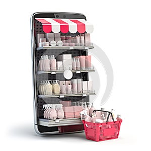 Cosmetics and beauty products buying online concept. Shopping basket with makeup products and mobile phone with shelves