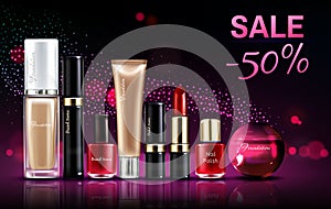 Cosmetics beauty products for make up sale banner.