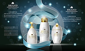 Cosmetics beauty series, ads of premium shampoo, soap, cream, set for skin care. Template for design banners, vector illustration.