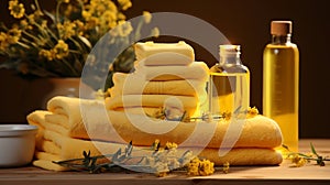 Cosmetics for body care with flowers on a yellow background. Towels with candles and body oils and creams. Spa. Generative AI