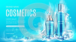 Cosmetics bottles in dry ice steaming cubes mockup